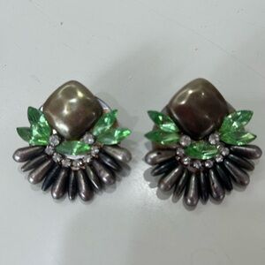 Vintage Green and Crystal with Beads Statement Clip-on Earrings
